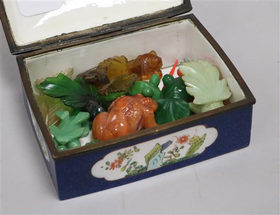 A Samson powder blue ground box and various Chinese hardstone carvings